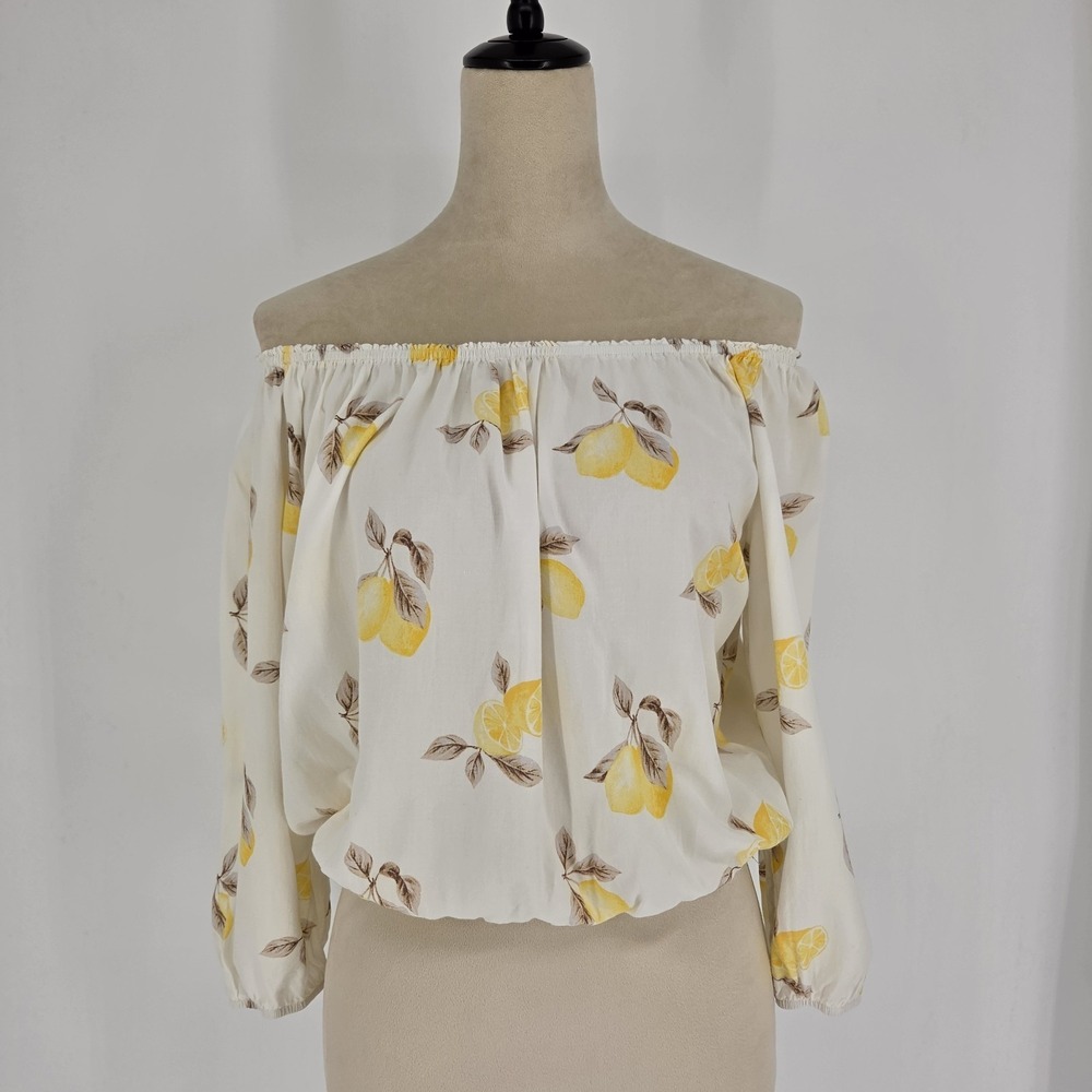 Womens Lemon Print Off the Shoulder Top Medium Euro Summer Romantic Coquette